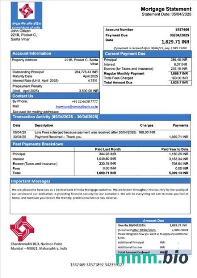 Indie Bank Centralny Indii wyciąg z kredytu hipotecznego szablon Word i PDF